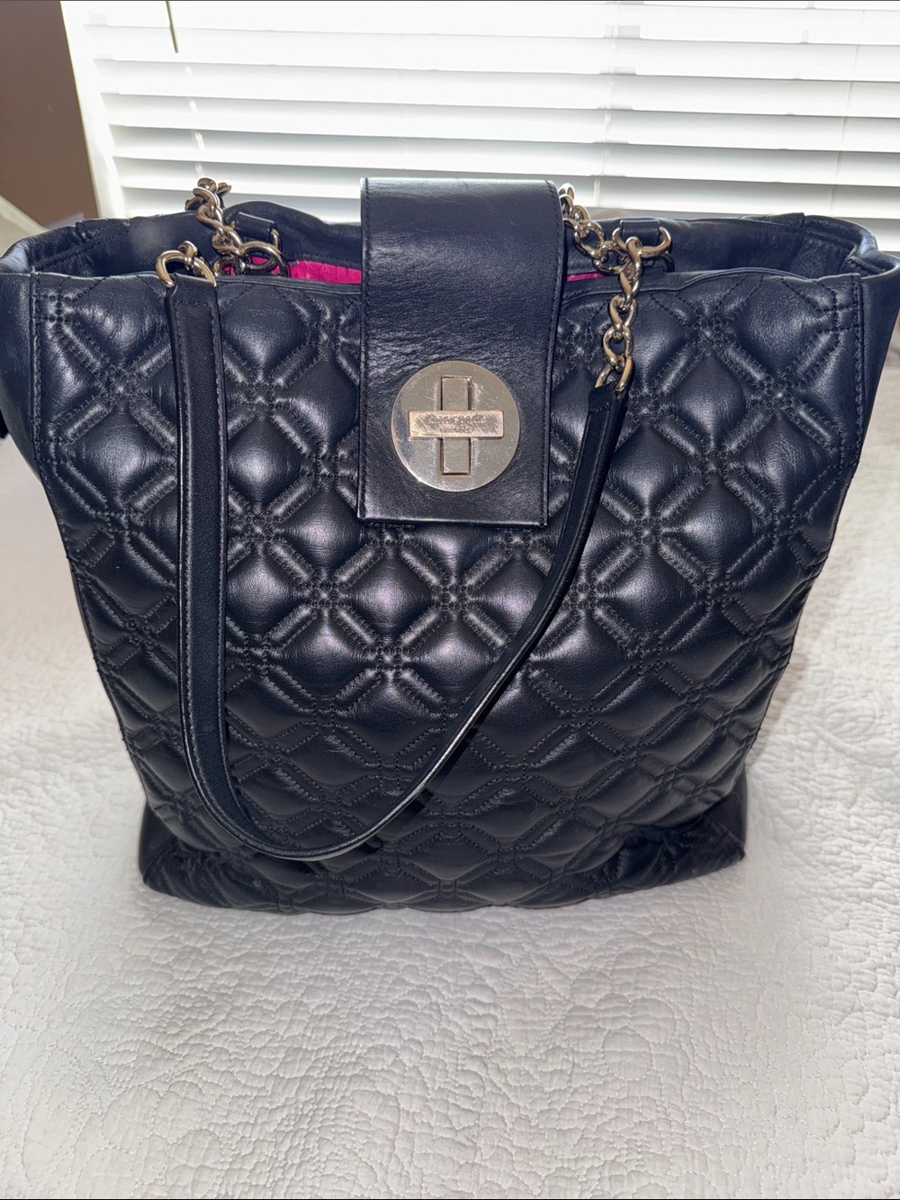 Kate Spade Quilted Black Leather Tote Bag with Chain Straps